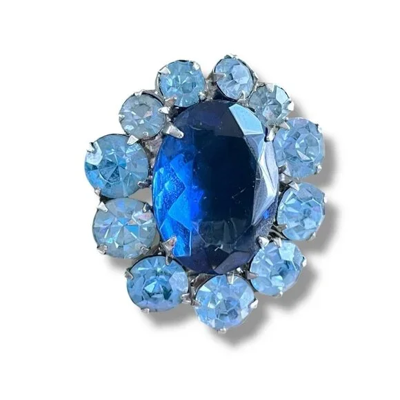 Vintage 1950s Blue Rhinestone Earrings Clip On Bridal Statement Costume Jewelry - Picture 12 of 15